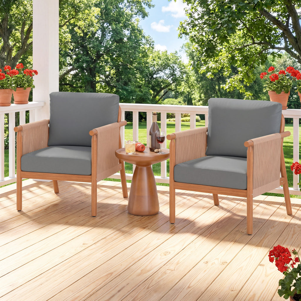 Acacia Wood Patio Chair Set of 2 with Woven Rope Armrests - Gray