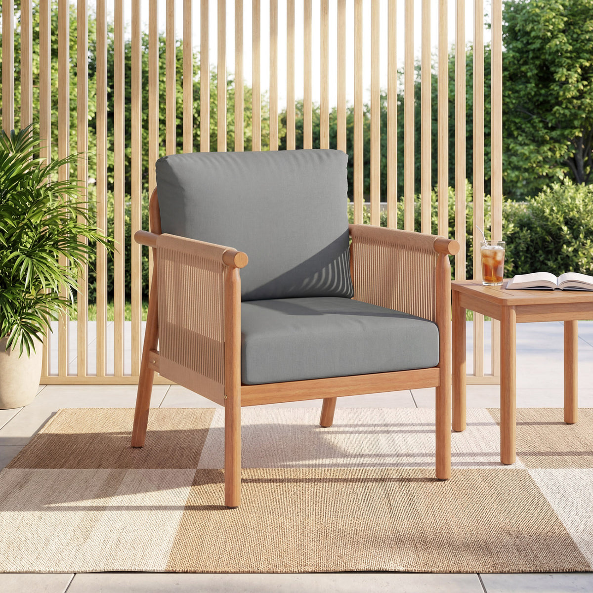 Acacia Wood Patio Chair Set of 2 with Woven Rope Armrests - Gray