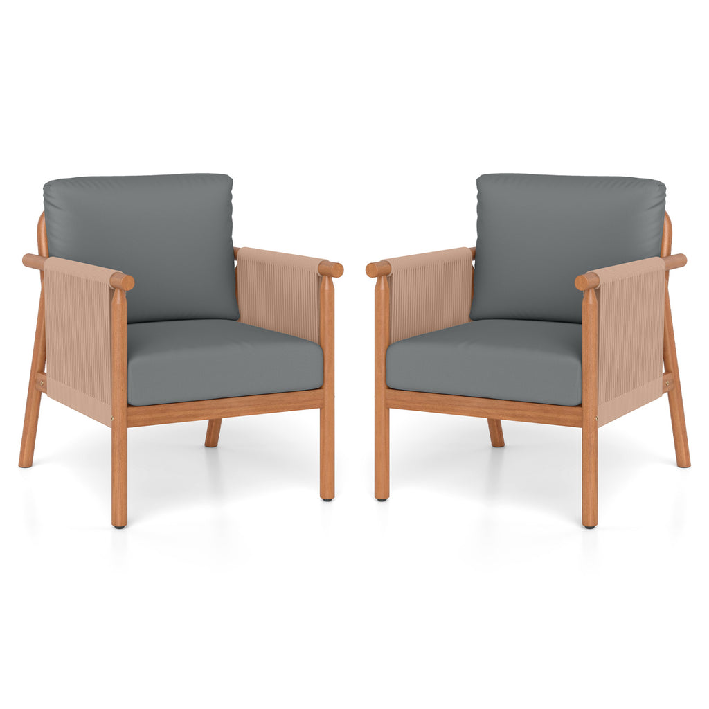 Acacia Wood Patio Chair Set of 2 with Woven Rope Armrests - Gray