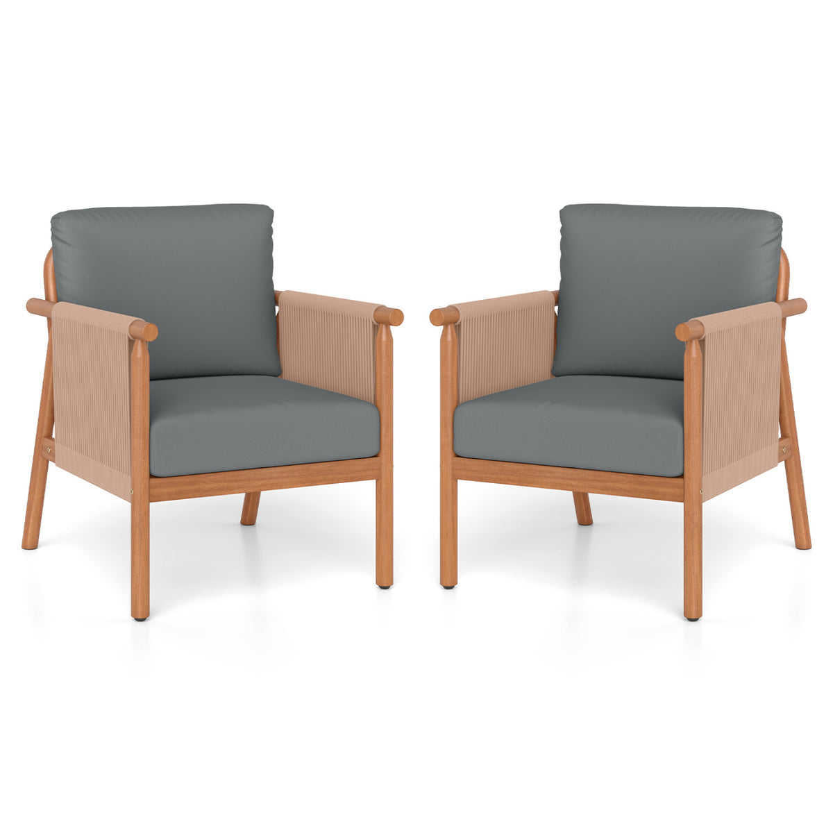 Acacia Wood Patio Chair Set of 2 with Woven Rope Armrests - Gray