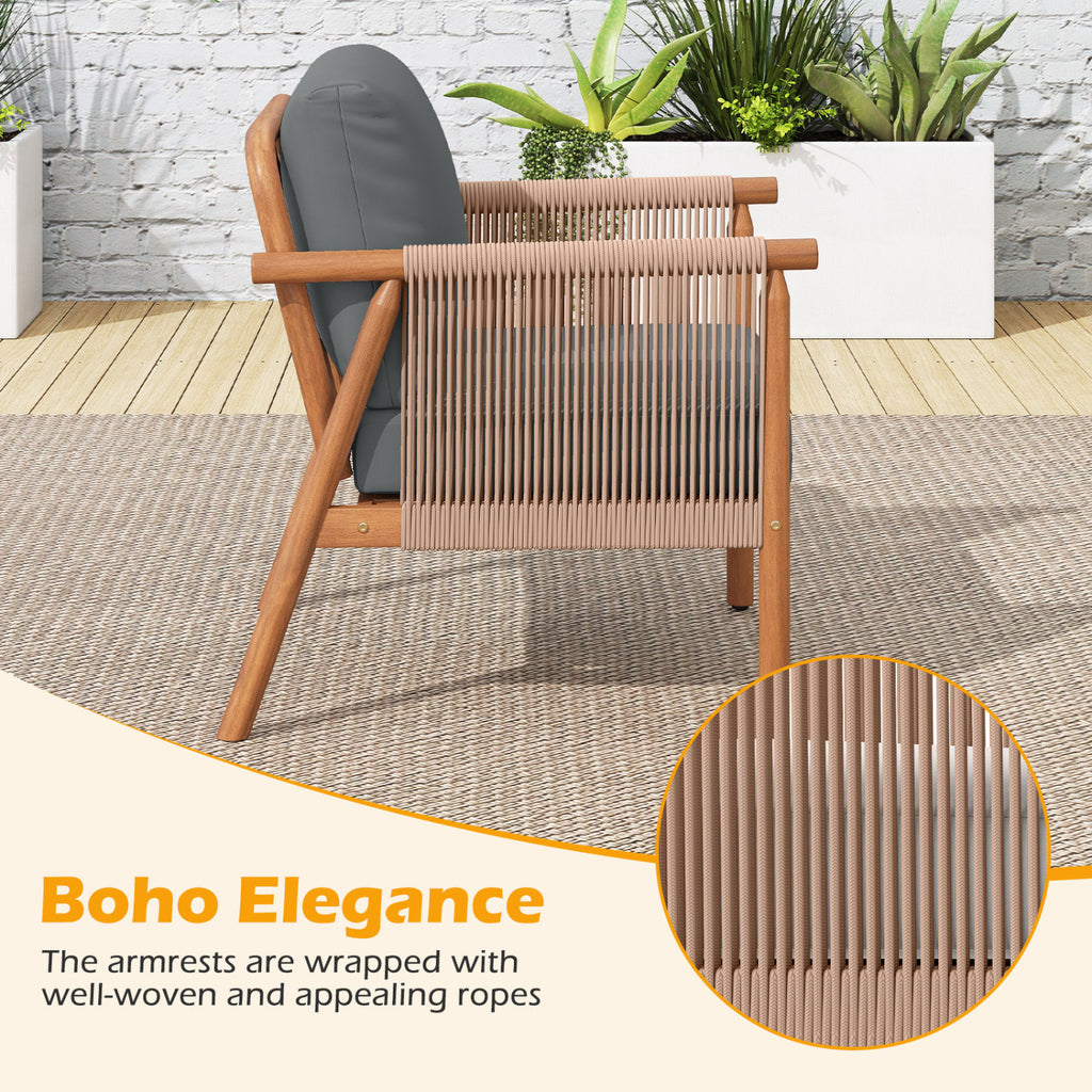 Acacia Wood Patio Chair Set of 2 with Woven Rope Armrests - Gray