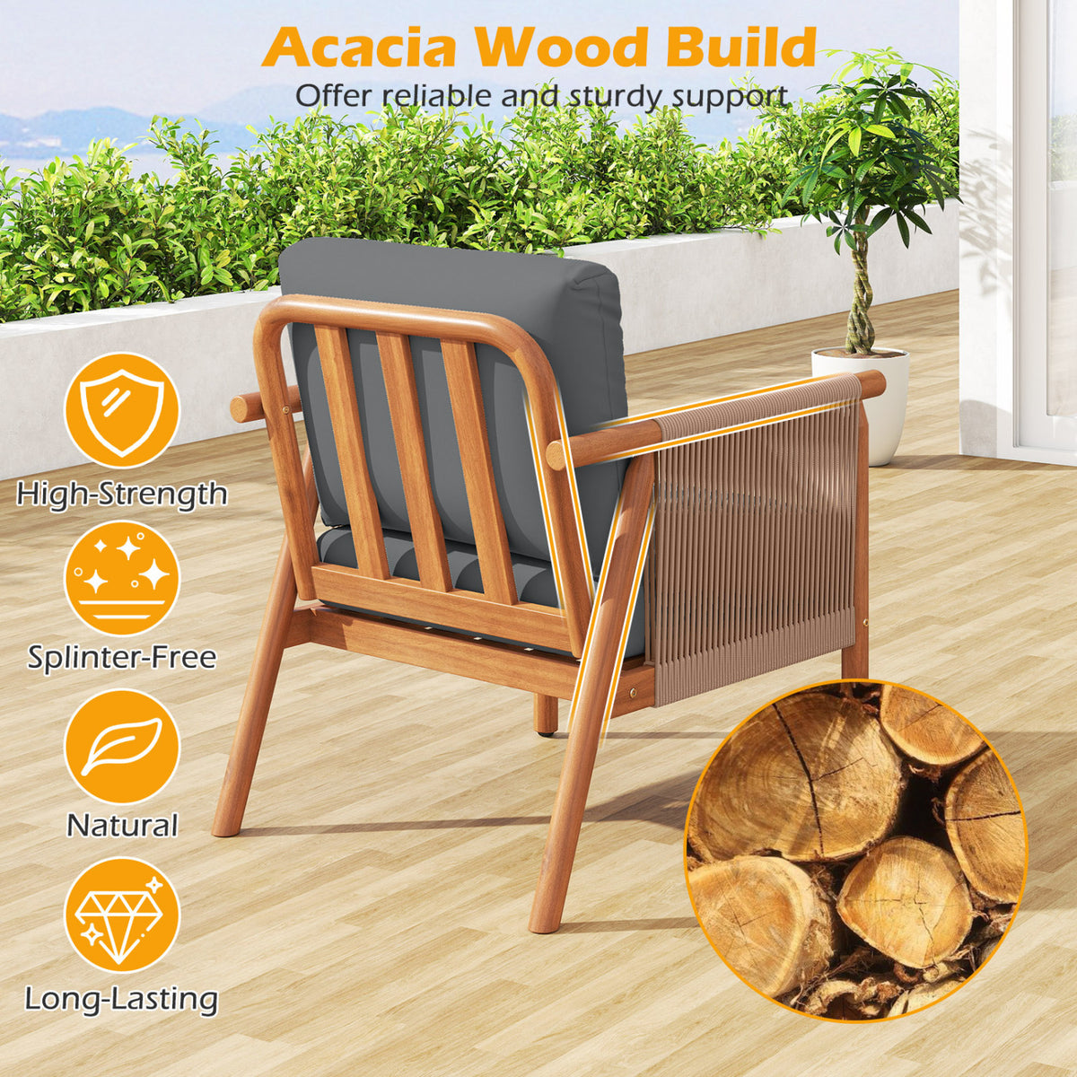 Acacia Wood Patio Chair Set of 2 with Woven Rope Armrests - Gray