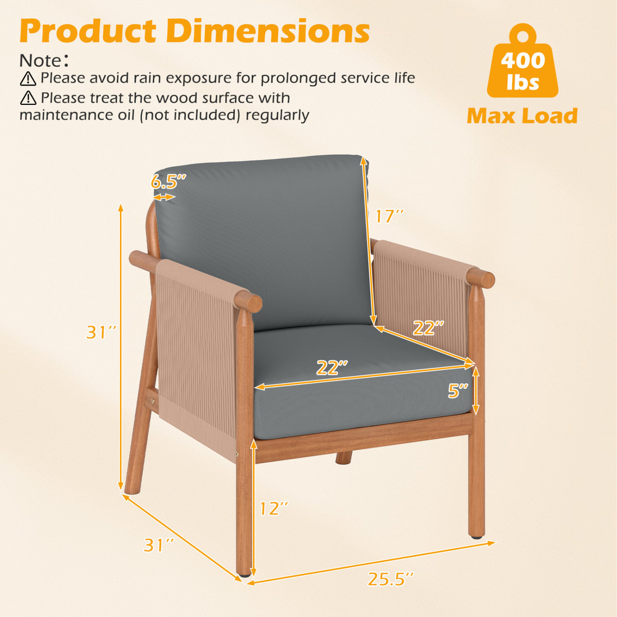 Acacia Wood Patio Chair Set of 2 with Woven Rope Armrests - Gray