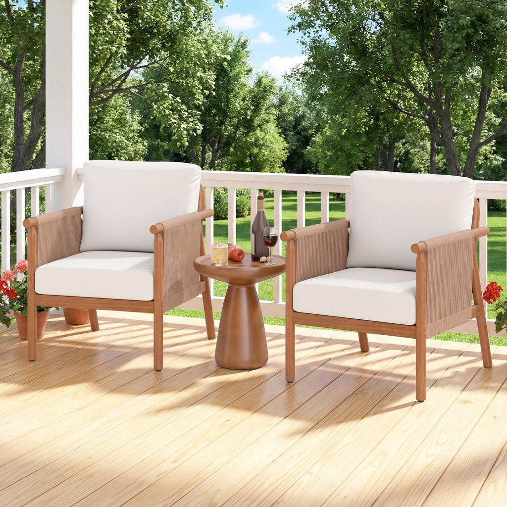 Patio Acacia Wood Chair Set of 4 with Woven Rope Armrests and Seat