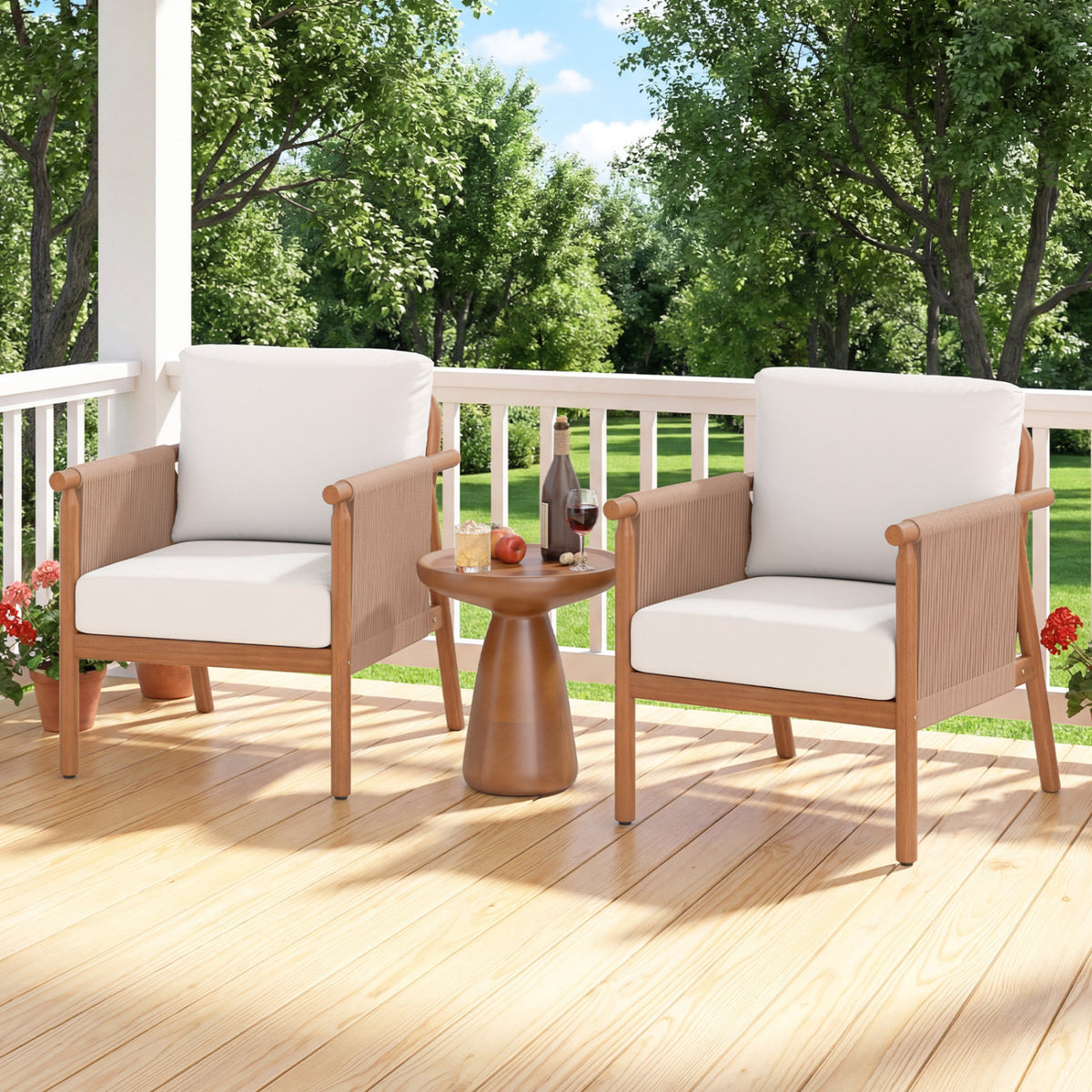 Patio Acacia Wood Chair Set of 4 with Woven Rope Armrests and Seat