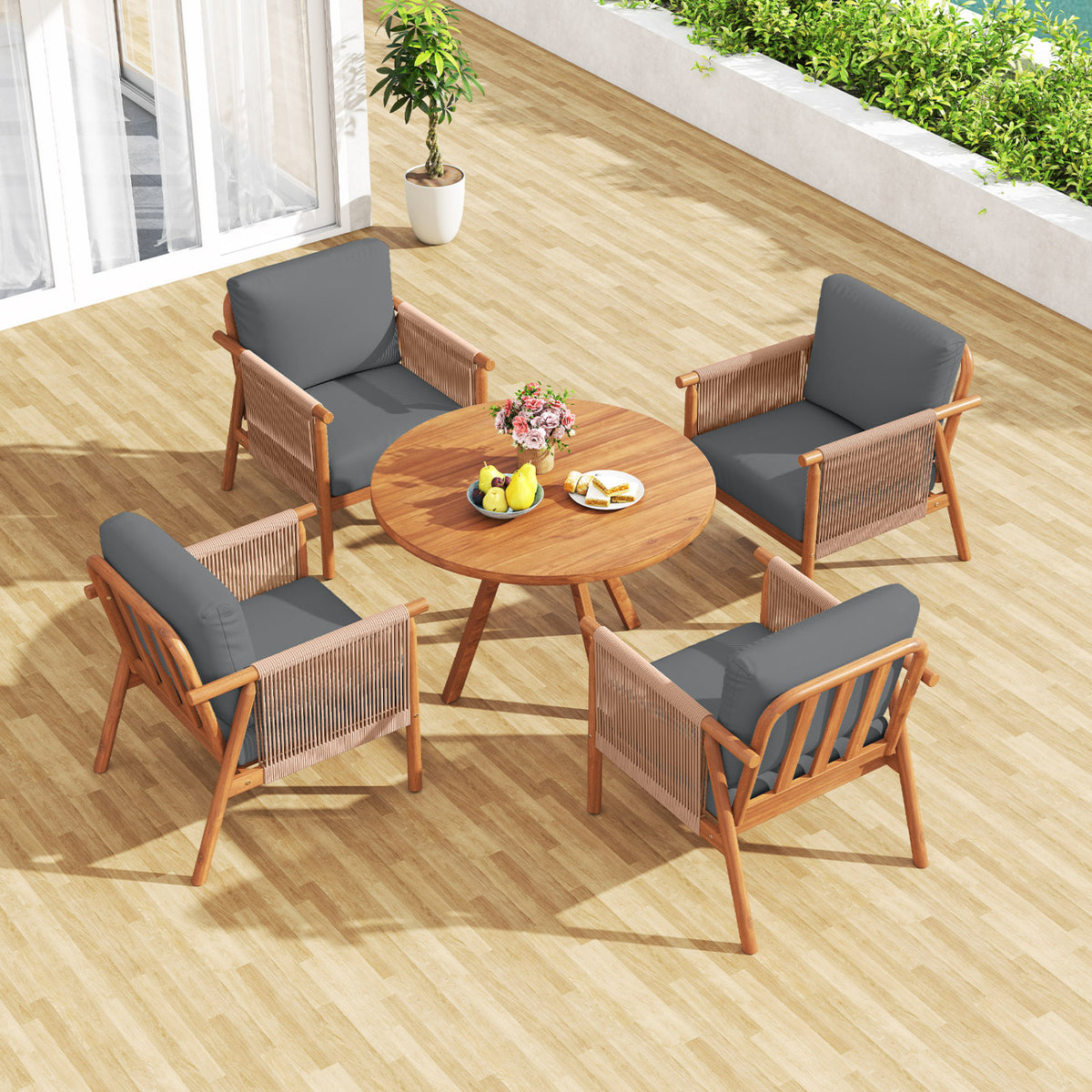 Patio Acacia Wood Chair Set of 4 with Woven Rope Armrests and Seat