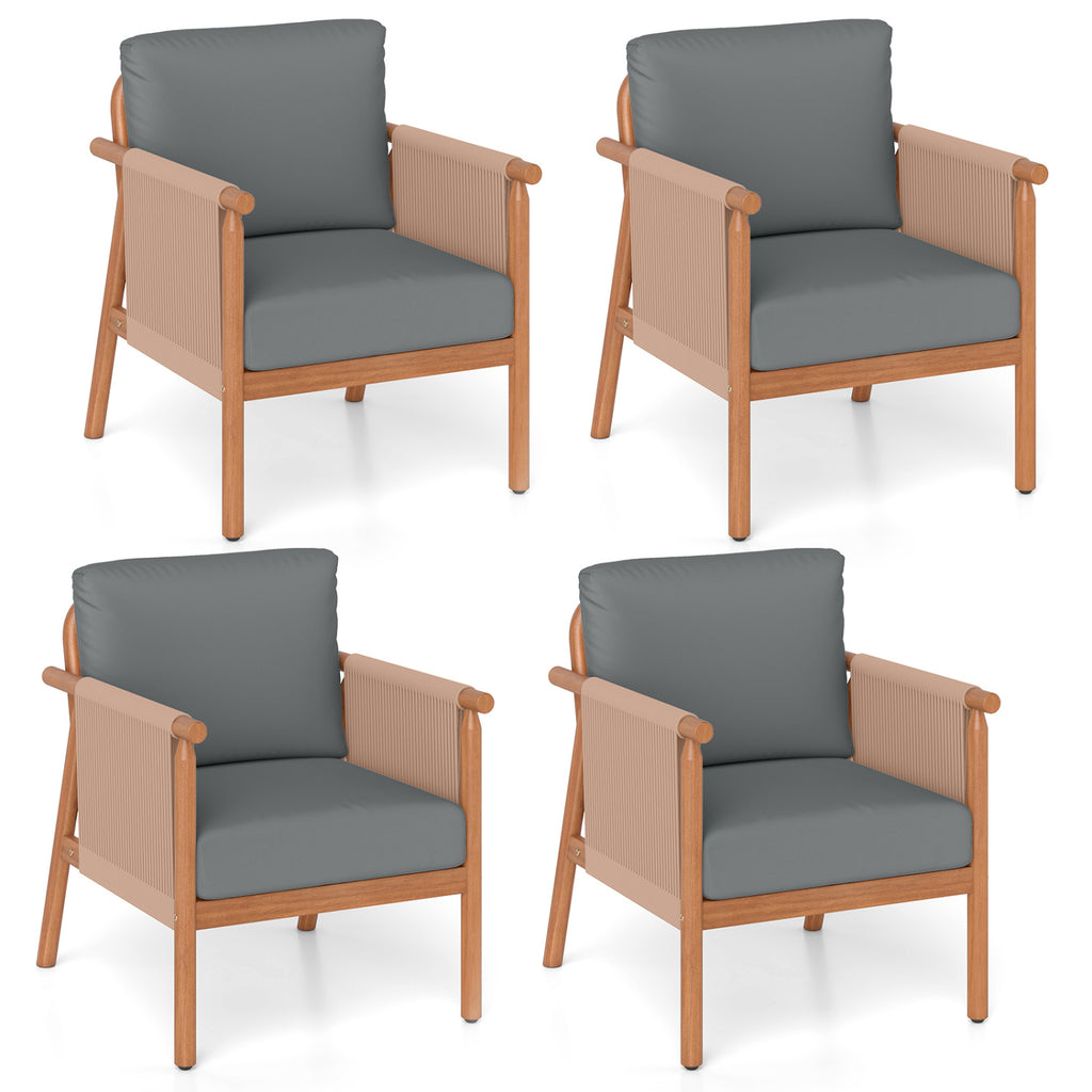 Patio Acacia Wood Chair Set of 4 with Woven Rope Armrests and Seat