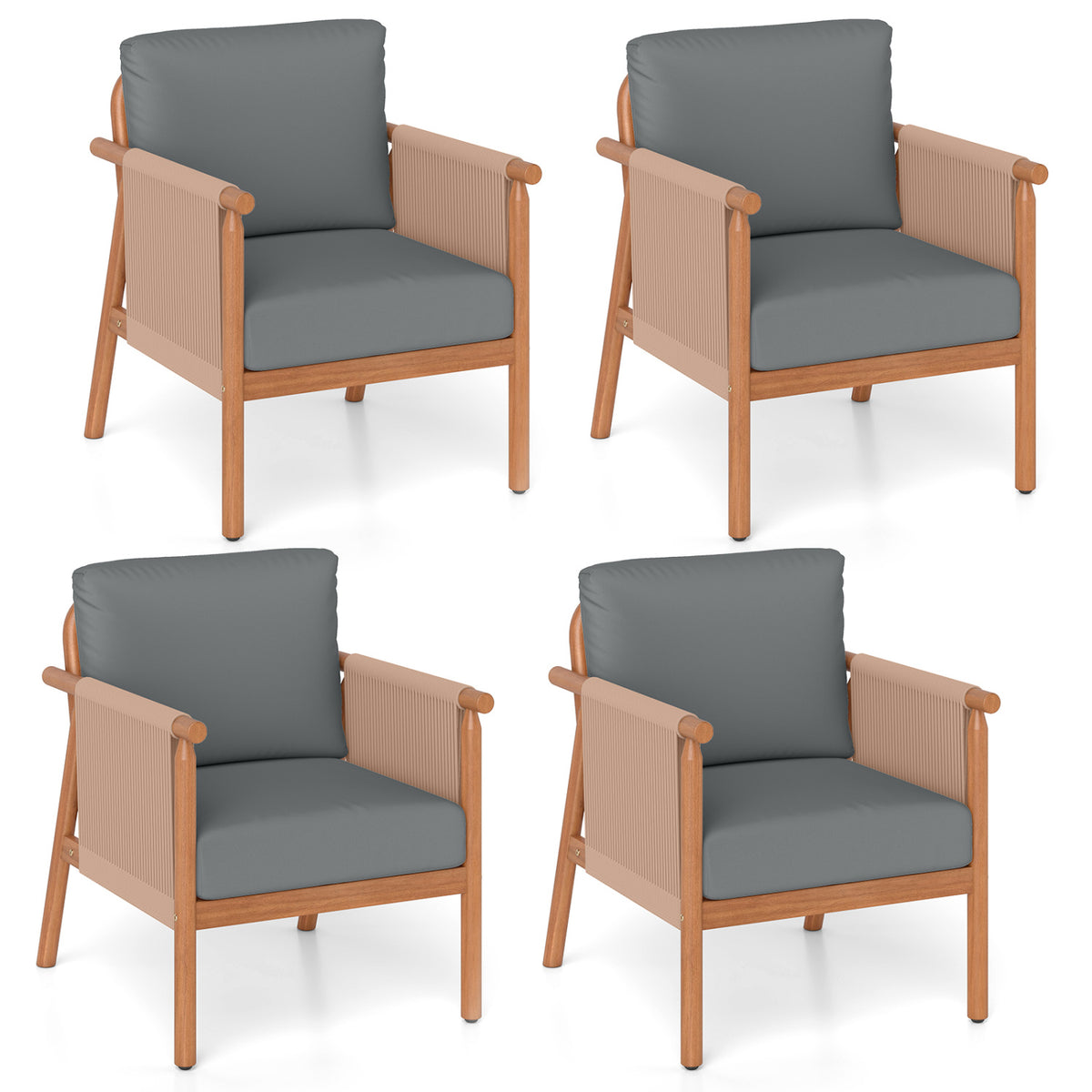Patio Acacia Wood Chair Set of 4 with Woven Rope Armrests and Seat