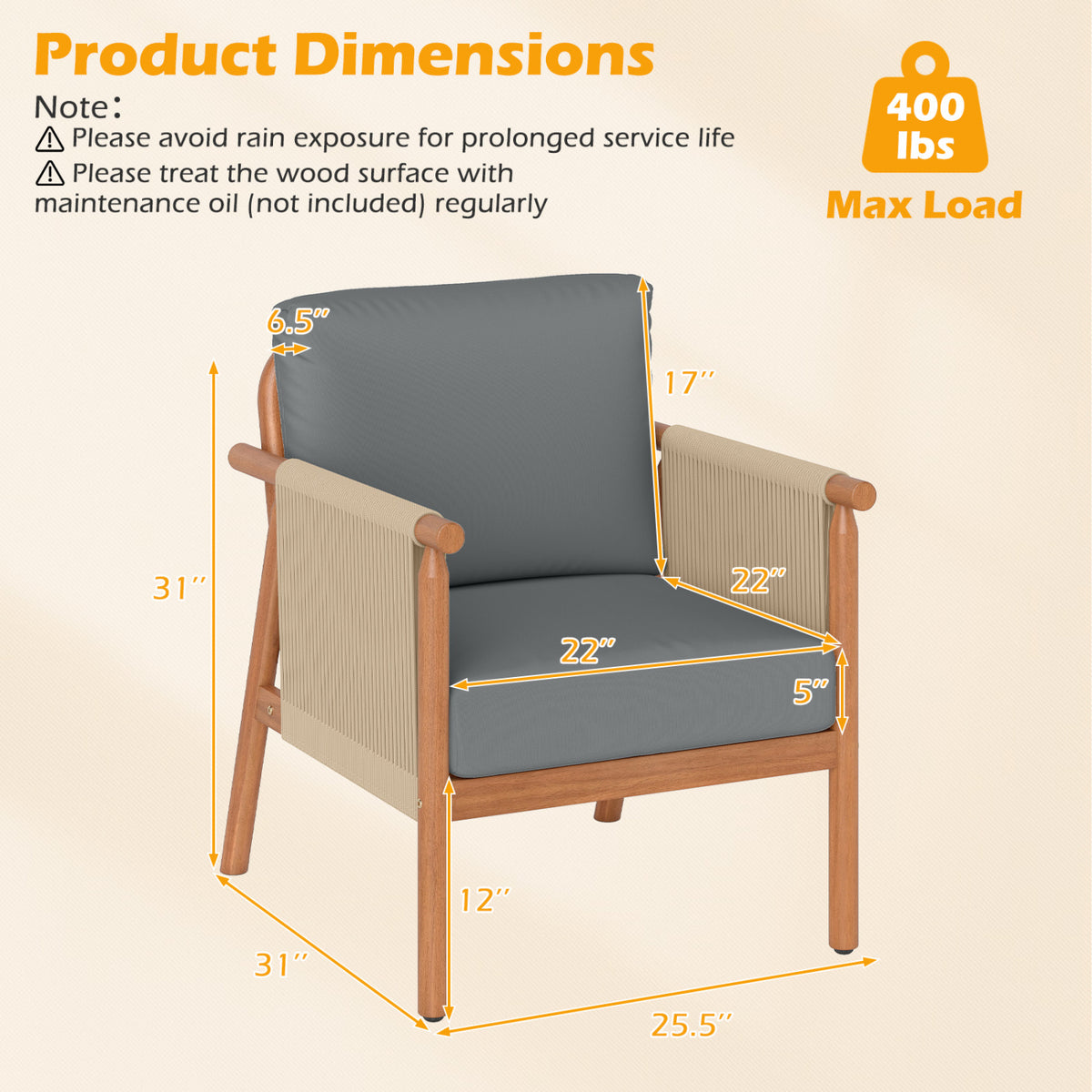 Acacia Wood Patio Chair with Woven Rope Armrests & Cushions - Gray