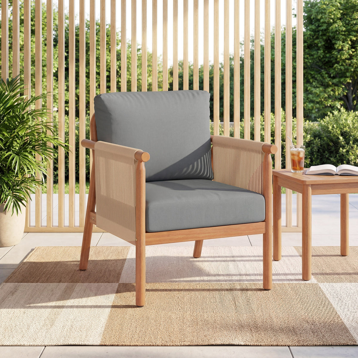 Acacia Wood Patio Chair with Woven Rope Armrests & Cushions - Gray