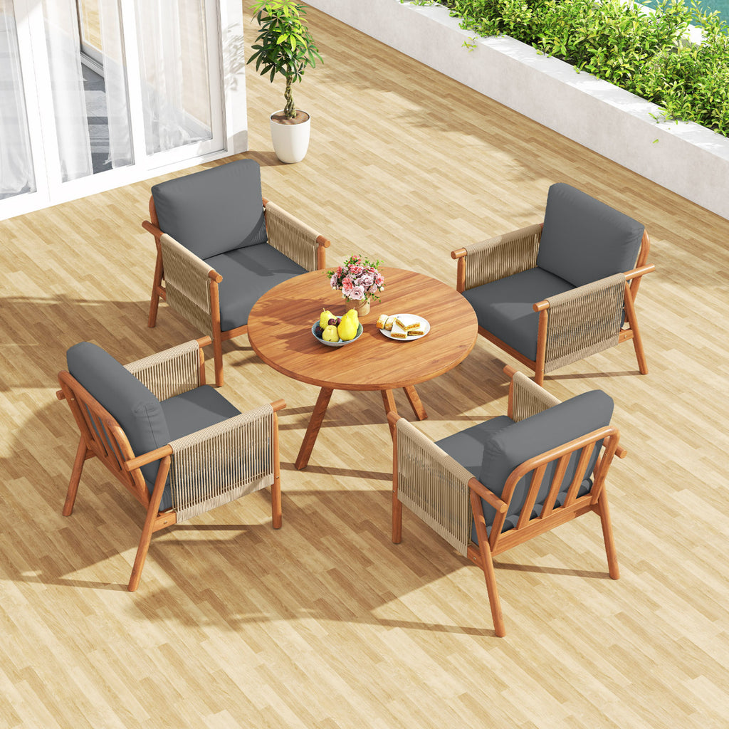 Acacia Wood Patio Chair with Woven Rope Armrests & Cushions - Gray