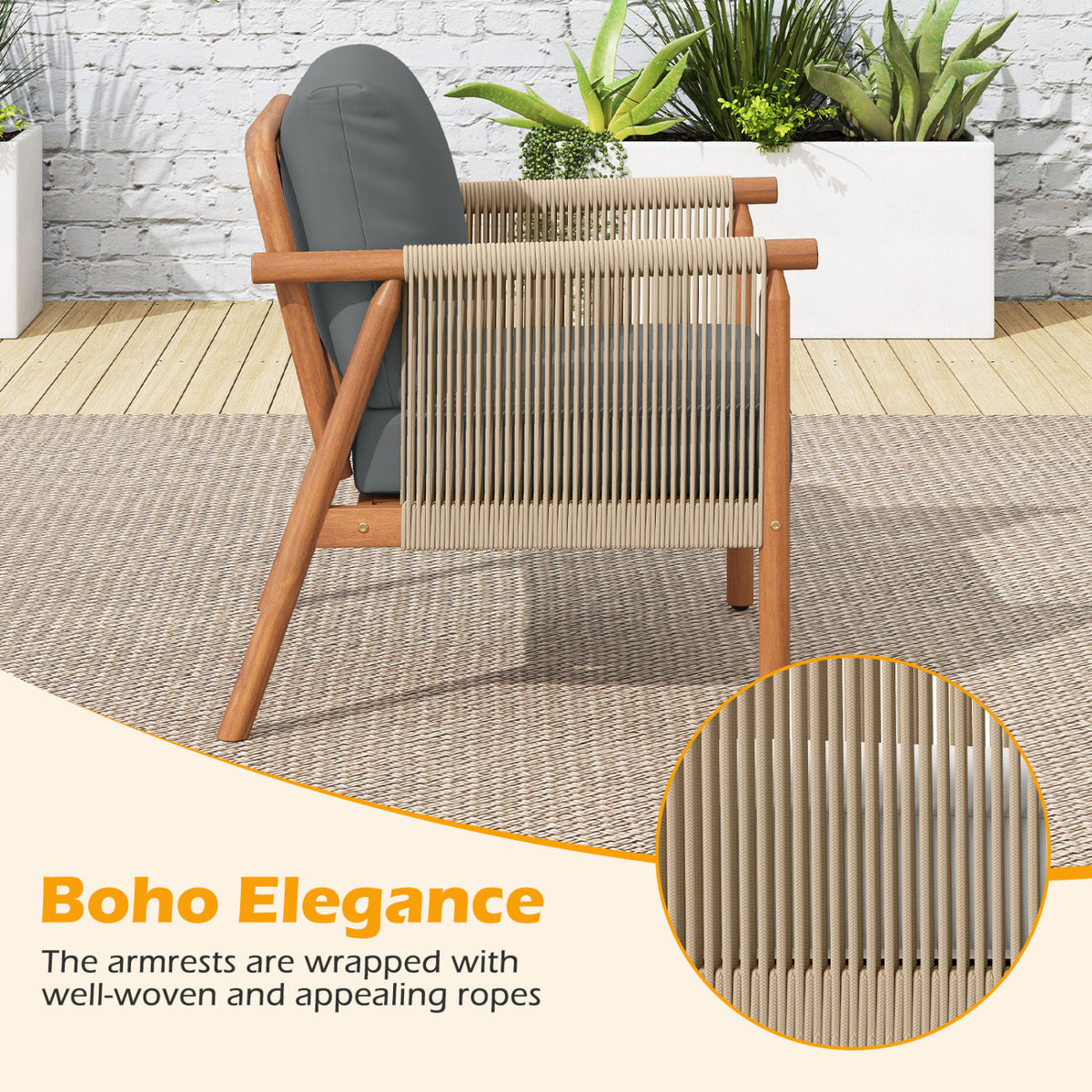 Acacia Wood Patio Chair with Woven Rope Armrests & Cushions - Gray