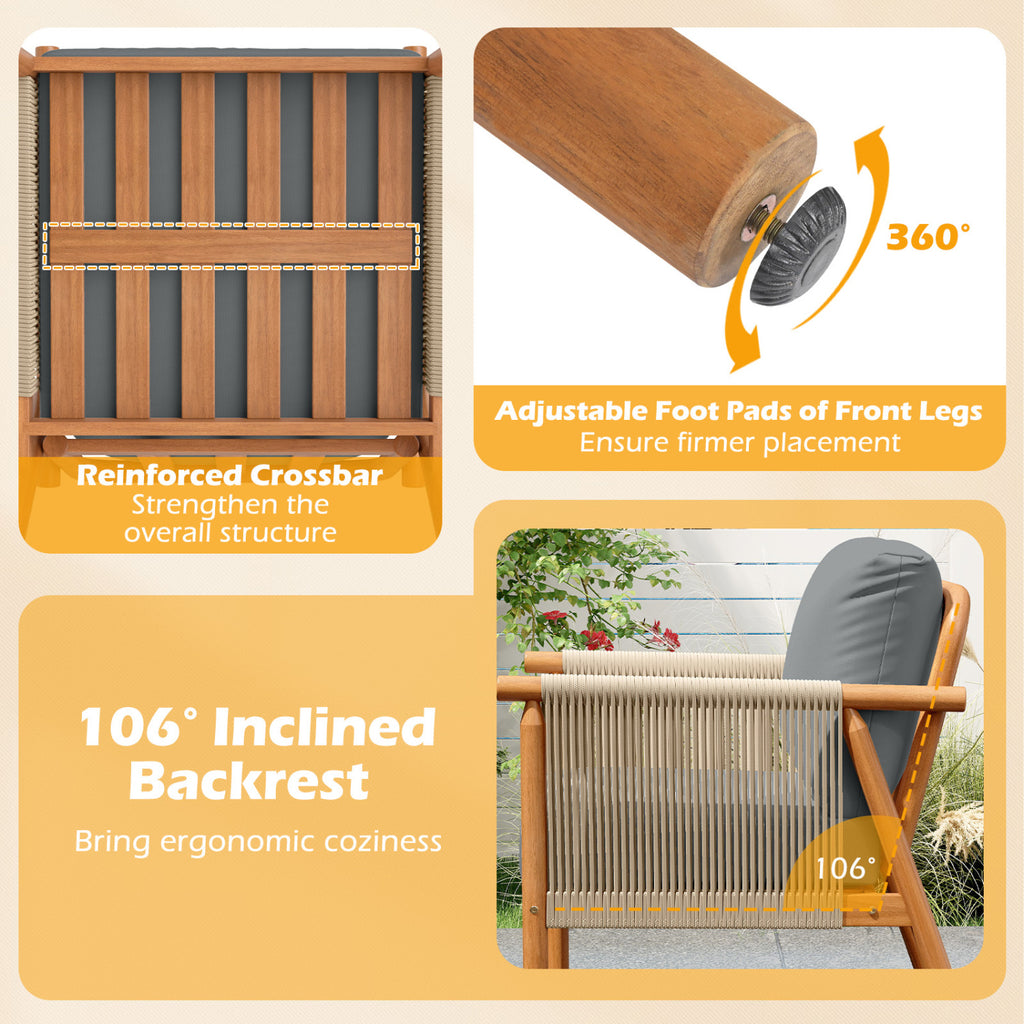 Acacia Wood Patio Chair with Woven Rope Armrests & Cushions - Gray