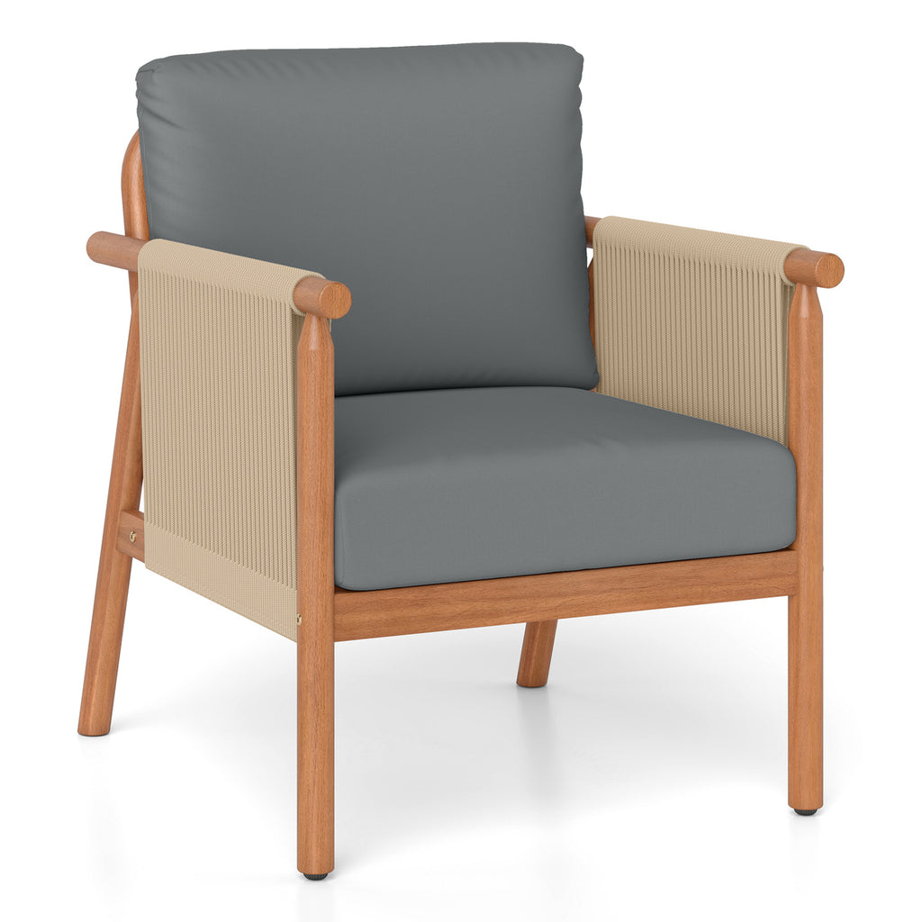 Acacia Wood Patio Chair Set of 2 with Woven Rope Armrests - Gray