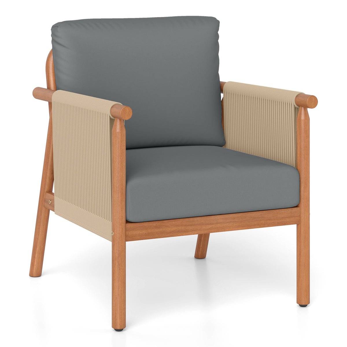 Acacia Wood Patio Chair Set of 2 with Woven Rope Armrests - Gray