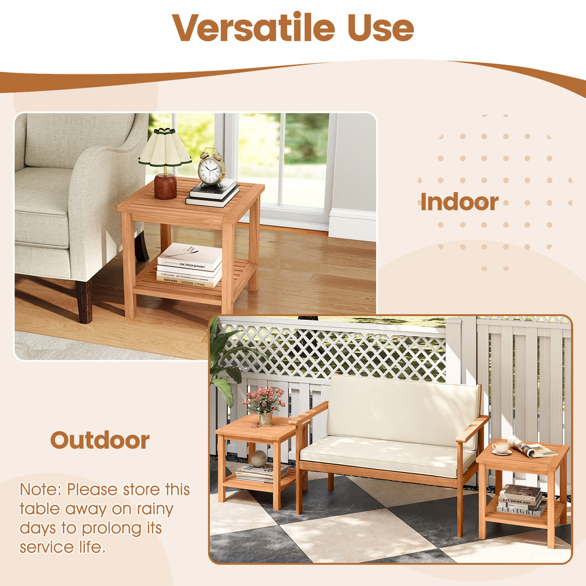 Acacia Wood Patio Side Table with Storage Shelf - Set of 1