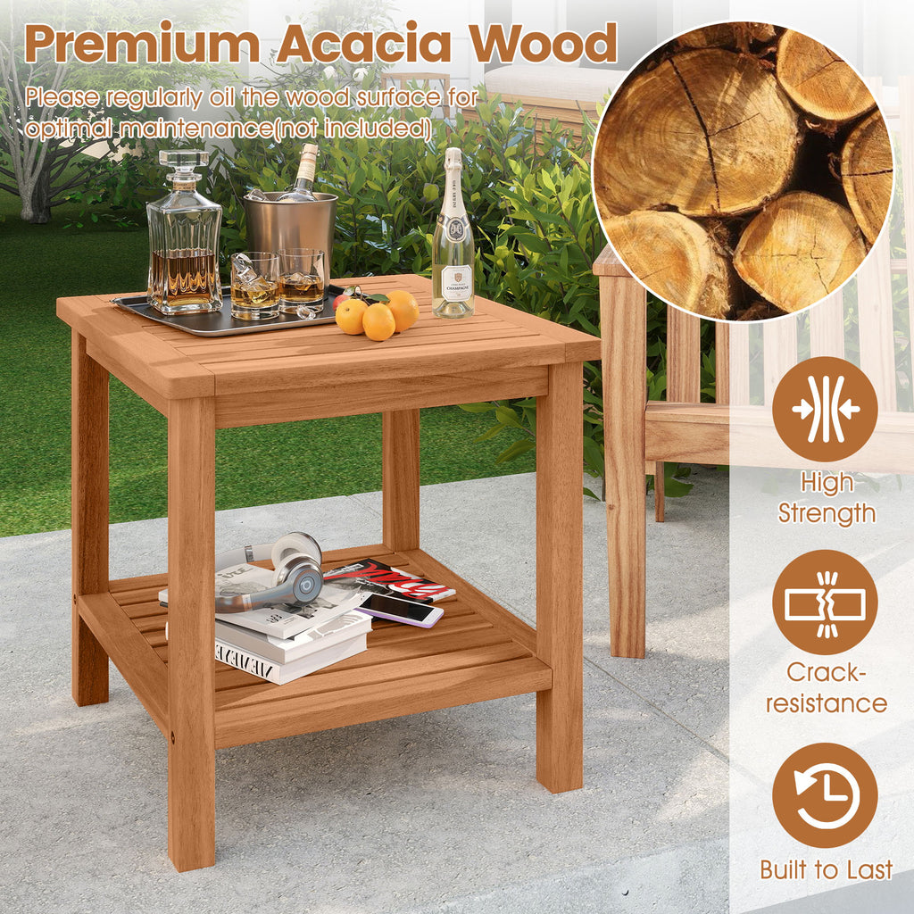 Acacia Wood Patio Side Table with Storage Shelf - Set of 1