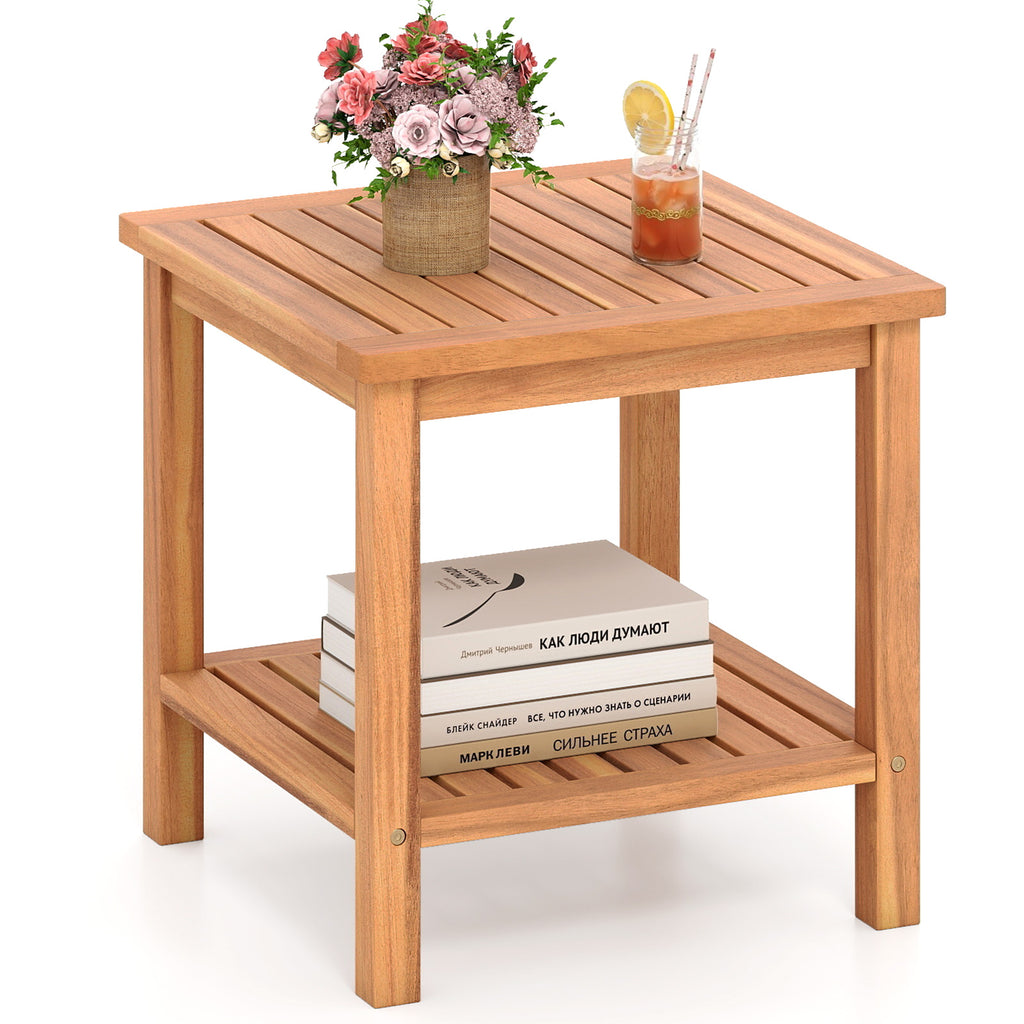 Acacia Wood Side Table Set of 2 with Storage Shelf