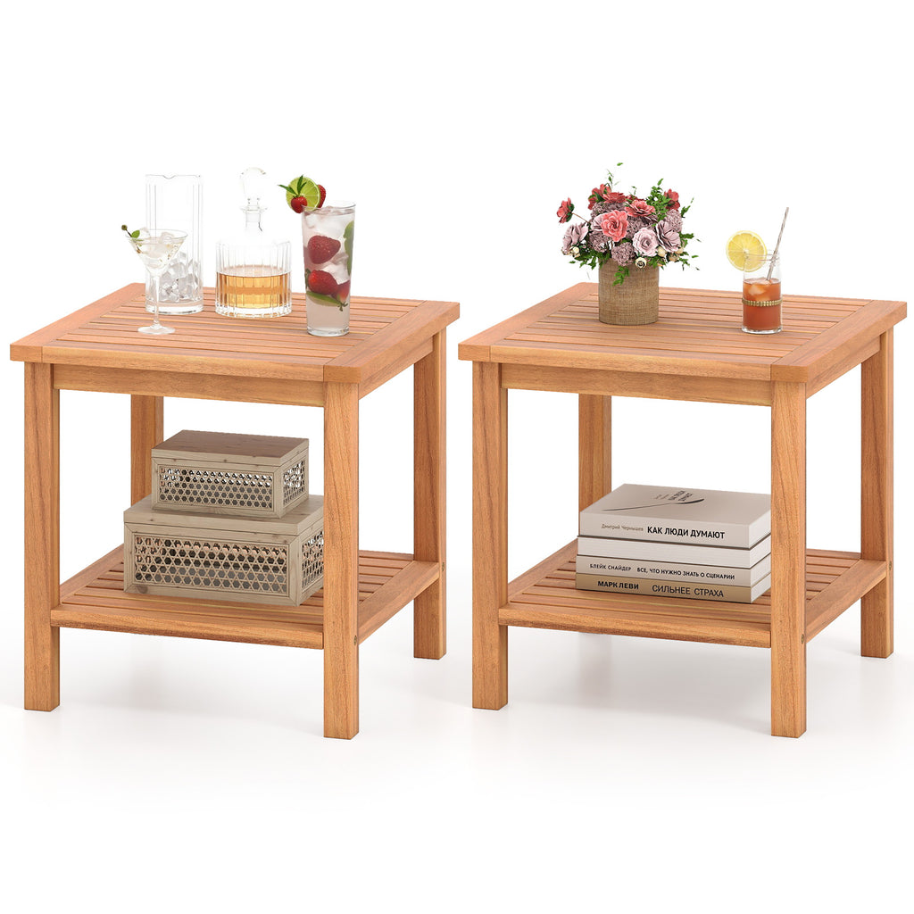 Acacia Wood Patio Side Table with Storage Shelf - Single