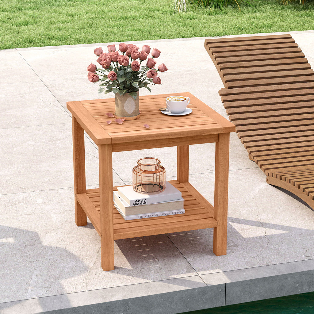 Acacia Wood Side Table Set of 2 with Storage Shelf