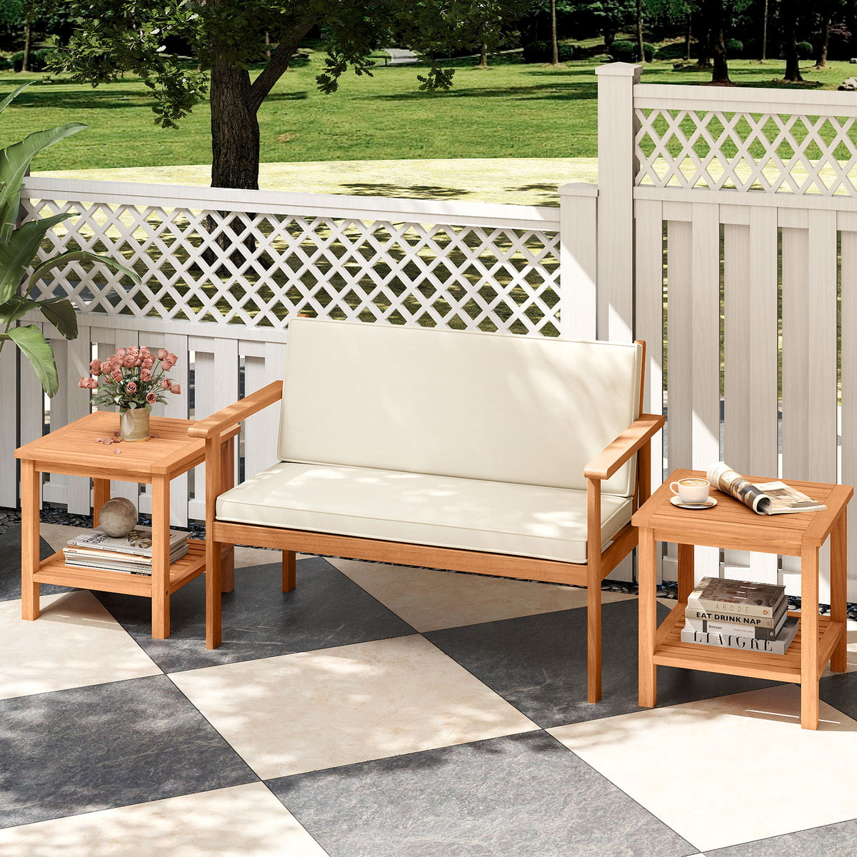 Acacia Wood Side Table Set of 2 with Storage Shelf