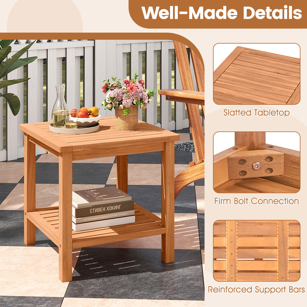Acacia Wood Side Table Set of 2 with Storage Shelf