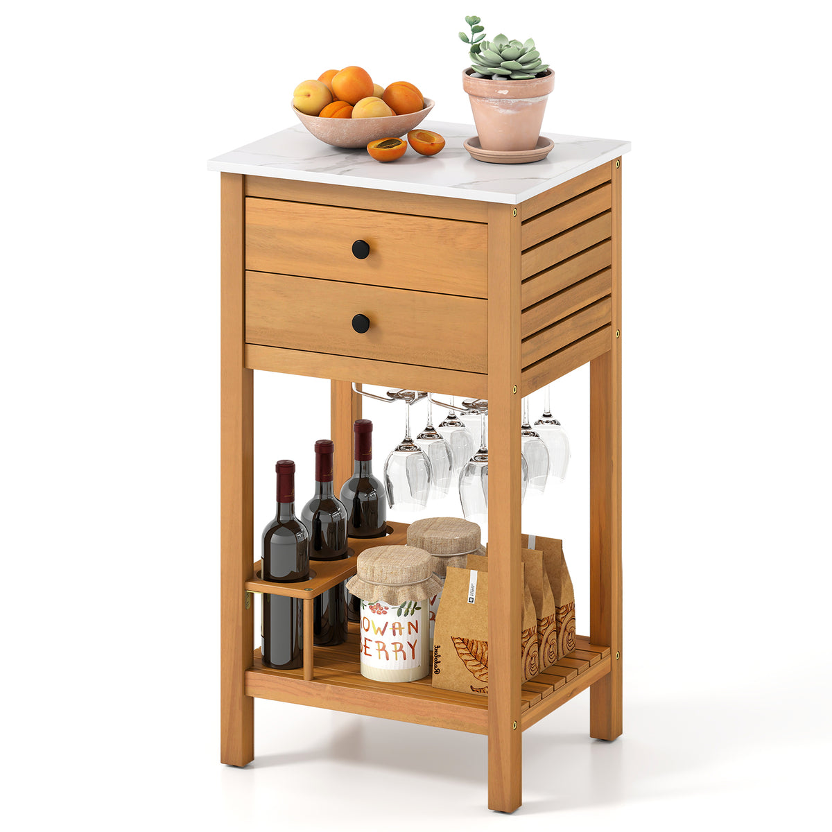 Patio Acacia Wood Storage Cabinet Buffet Bar Table with Faux Marble