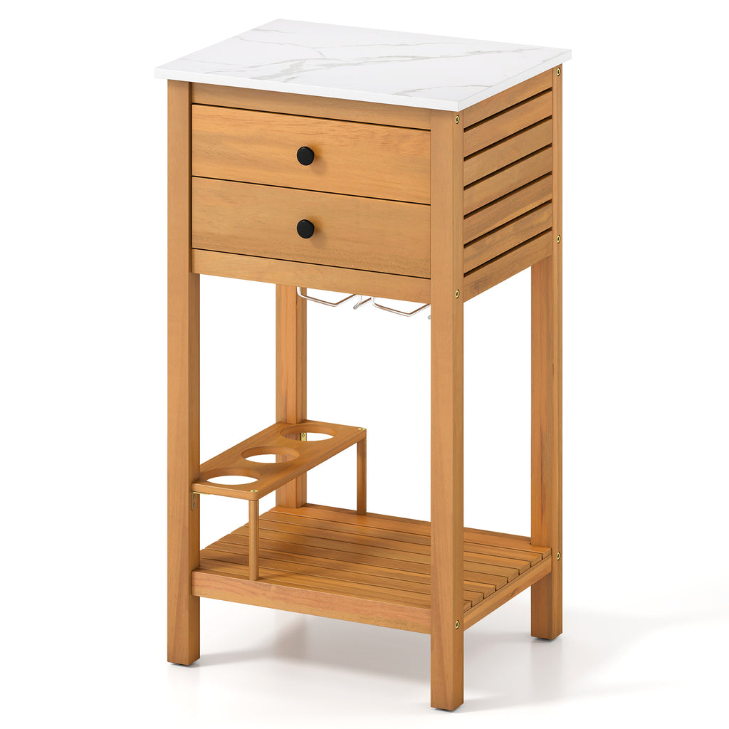 Patio Acacia Wood Storage Cabinet Buffet Bar Table with Faux Marble