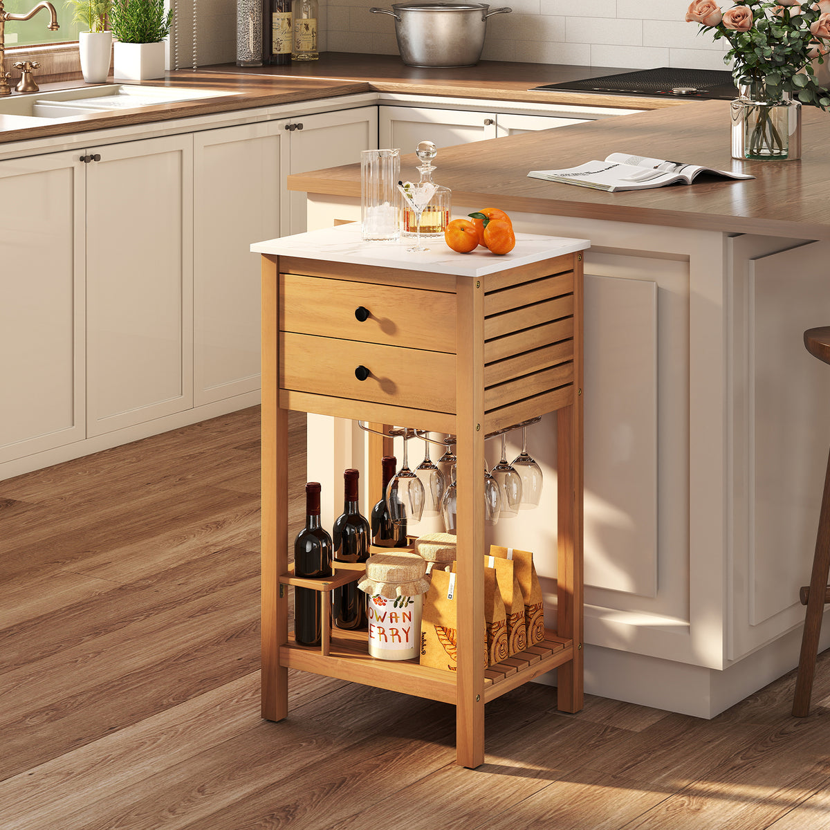 Patio Acacia Wood Storage Cabinet Buffet Bar Table with Faux Marble