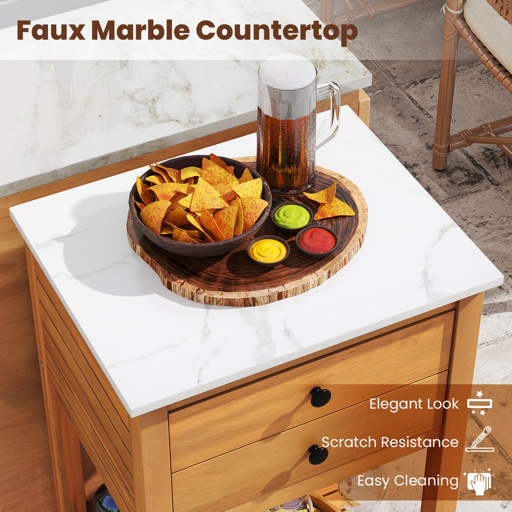 Patio Acacia Wood Storage Cabinet Buffet Bar Table with Faux Marble