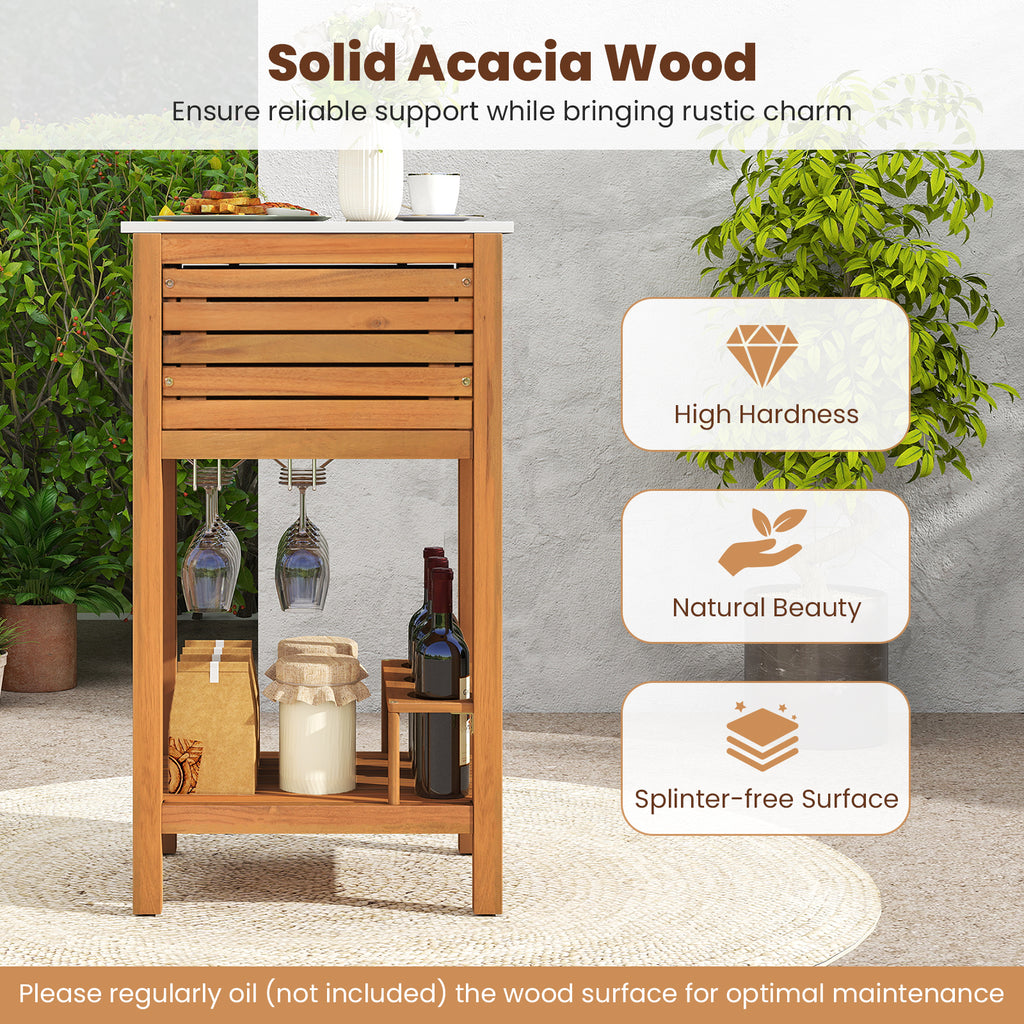 Patio Acacia Wood Storage Cabinet Buffet Bar Table with Faux Marble