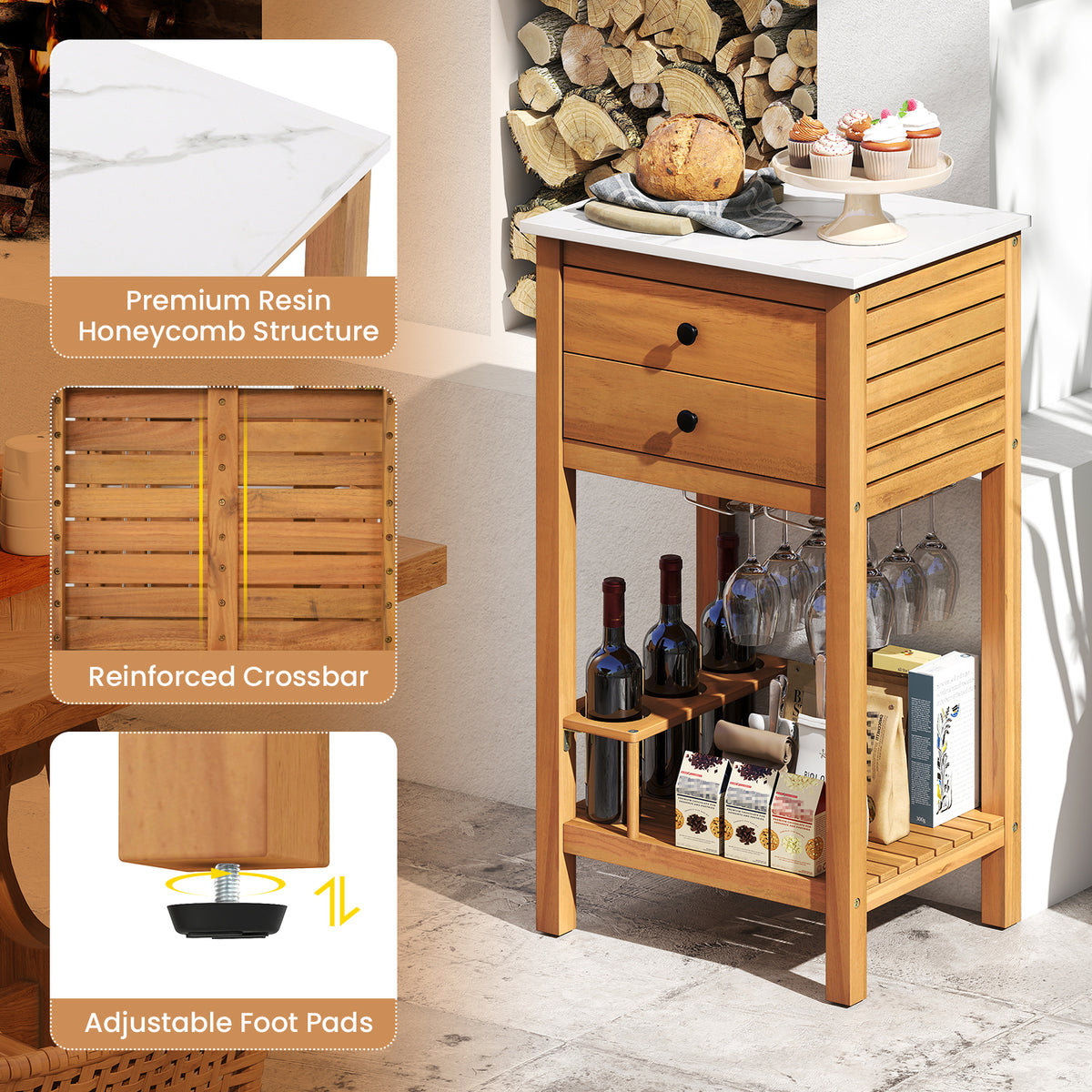 Patio Acacia Wood Storage Cabinet Buffet Bar Table with Faux Marble