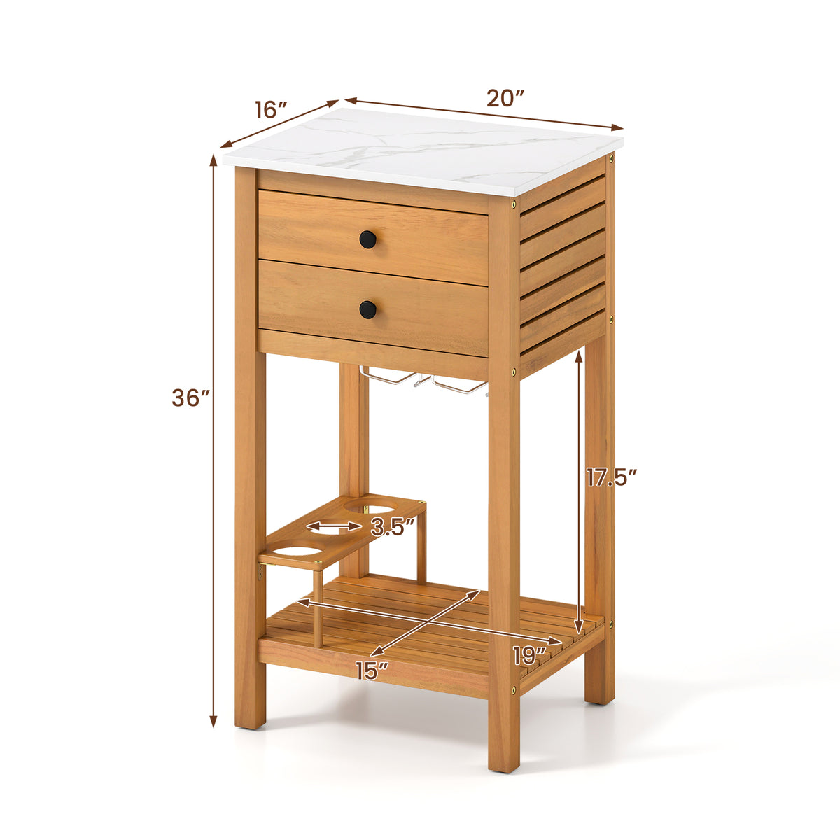 Patio Acacia Wood Storage Cabinet Buffet Bar Table with Faux Marble