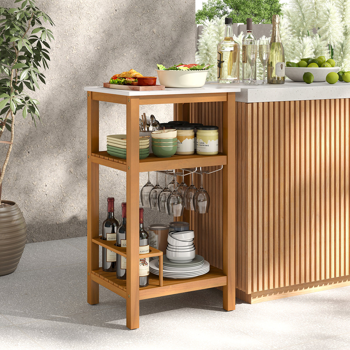 Patio Acacia Wood Storage Cabinet Buffet Bar Table
