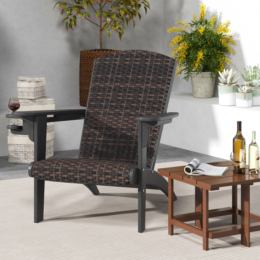 Patio Adirondack Chair with Rattan Padded Seat and Cupholder - White