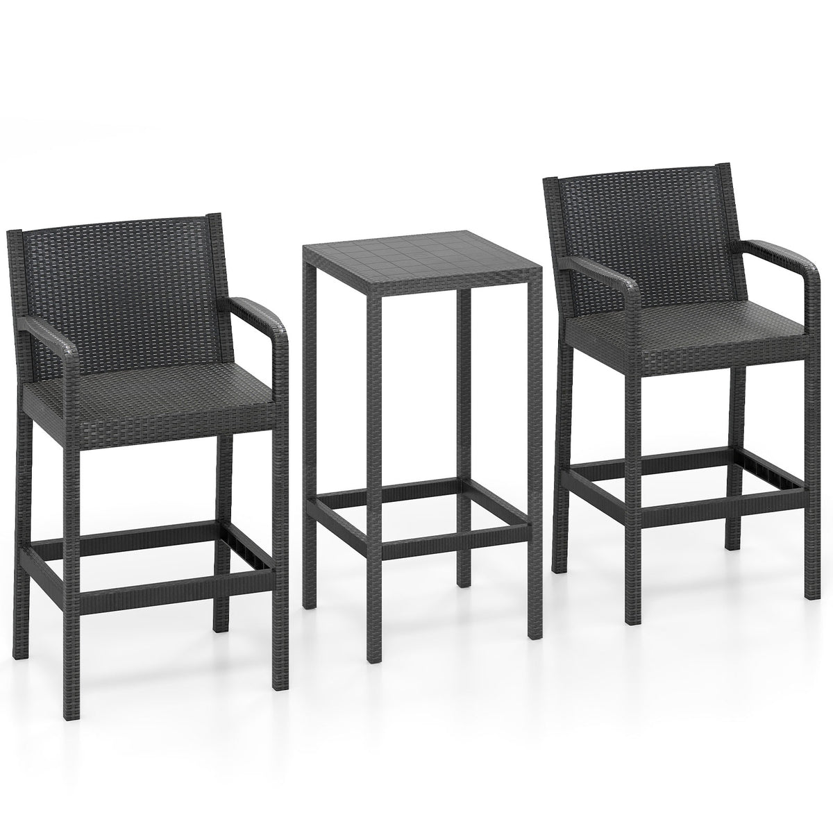 3-Piece Patio Rattan Bar Set with Tempered Glass Top for Backyard