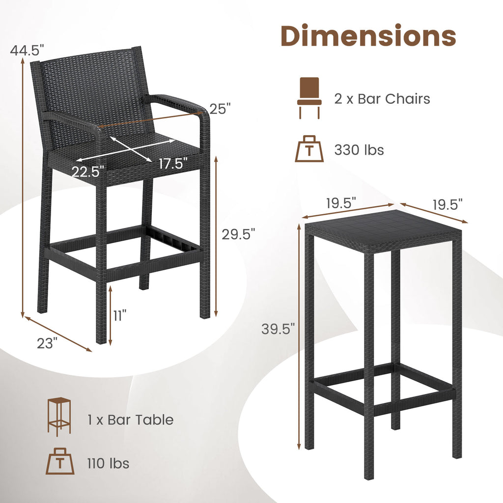 3 Pieces Patio Bar Set with 2 Stools and 1 Table