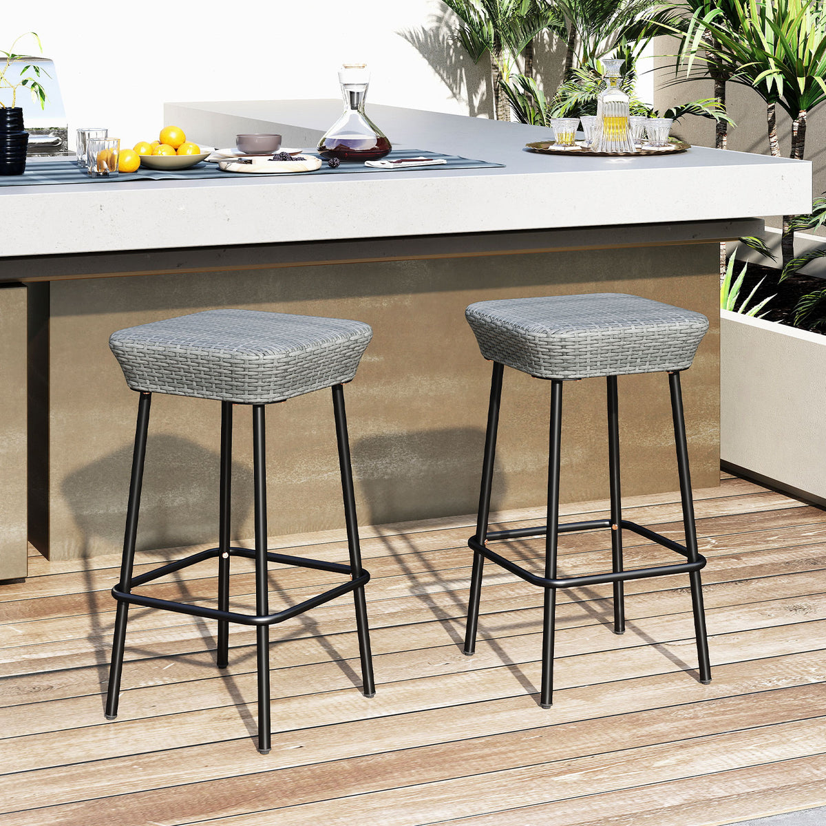 29.5" Patio Bar Stools Set of 2, Rattan Seat - Mix Gray