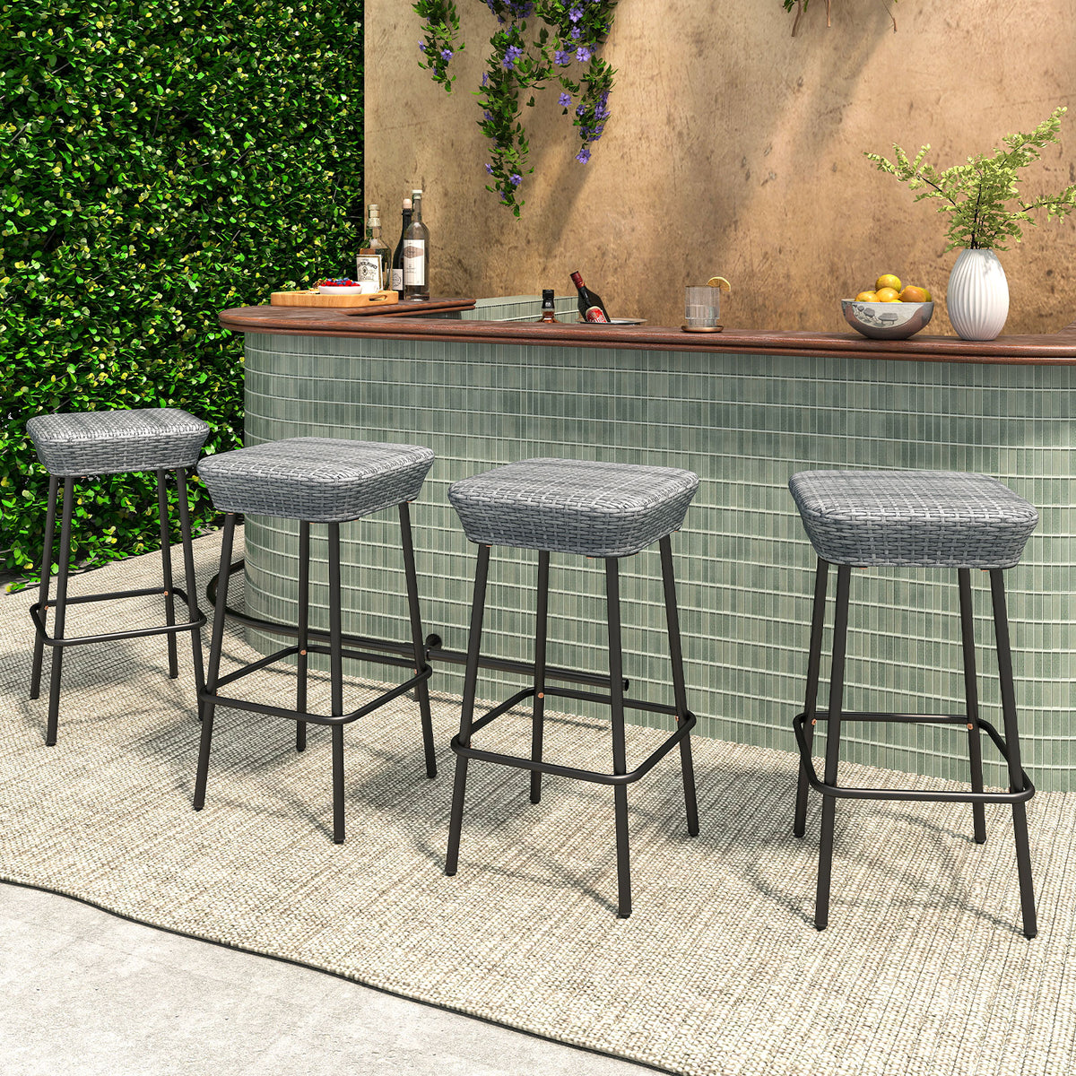 29.5" Patio Bar Stools Set of 2, Rattan Seat - Mix Gray