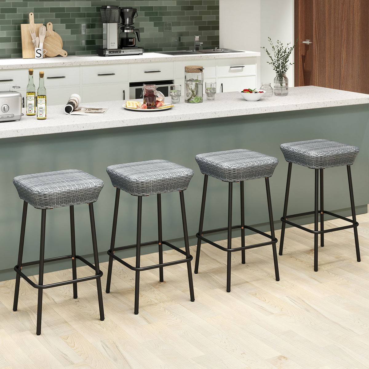 29.5" Patio Bar Stools Set of 2, Rattan Seat - Mix Gray