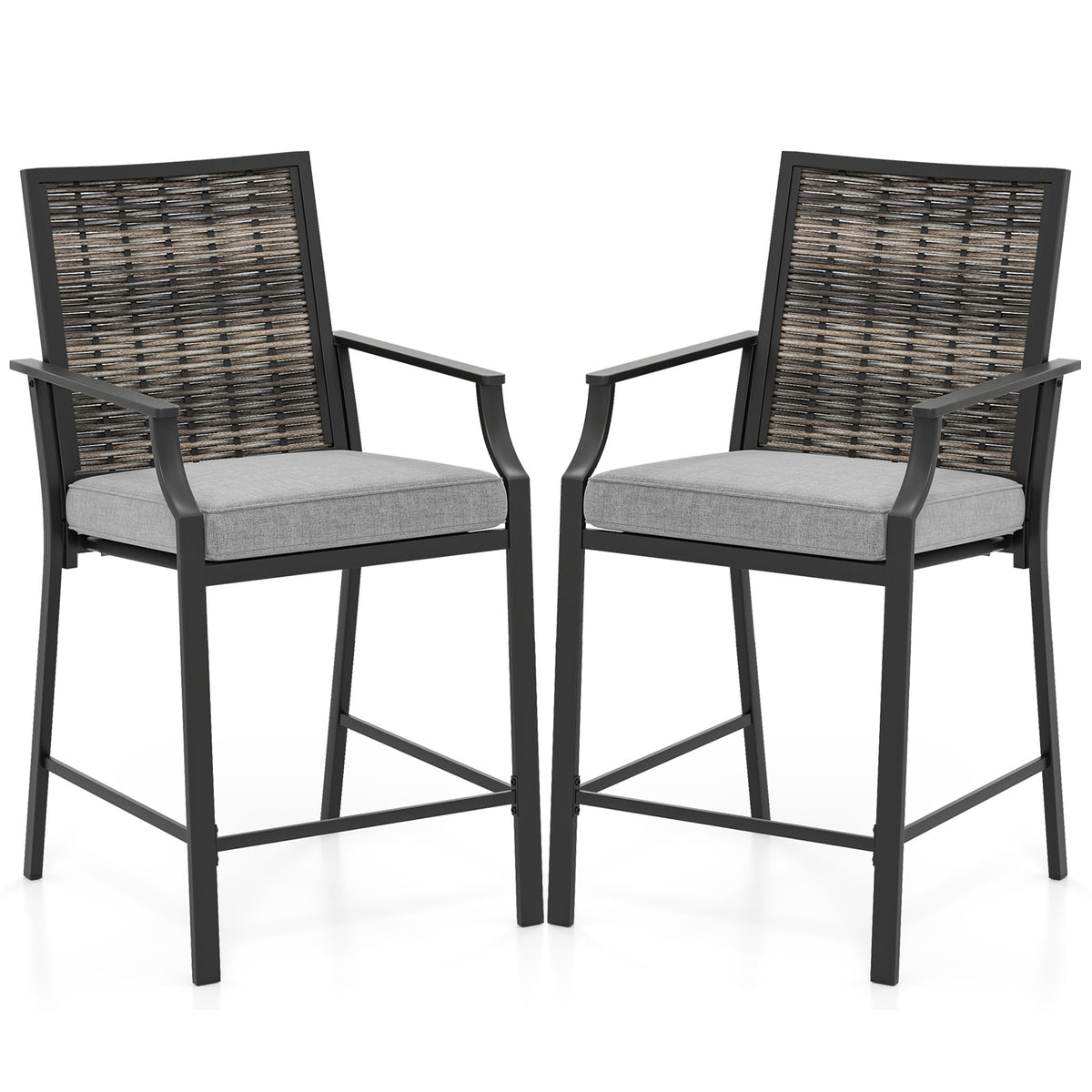 2 Pieces Patio Bar Stool with Height Cushion and Armrest