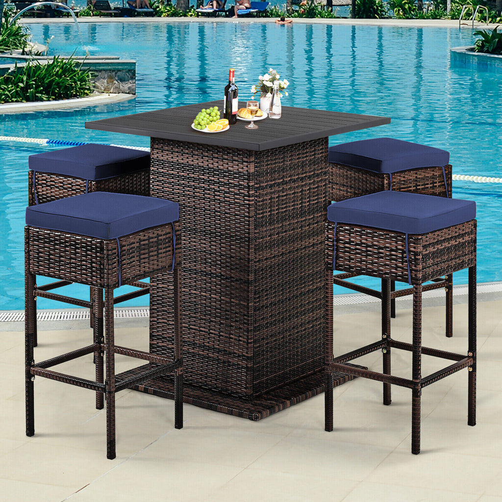 5 Pieces Patio Rattan Bar Furniture Set with Cushions and Hidden