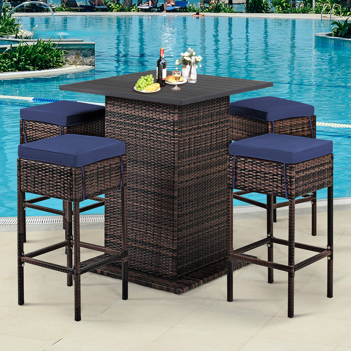 5 Pieces Patio Rattan Bar Furniture Set with Cushions and Hidden
