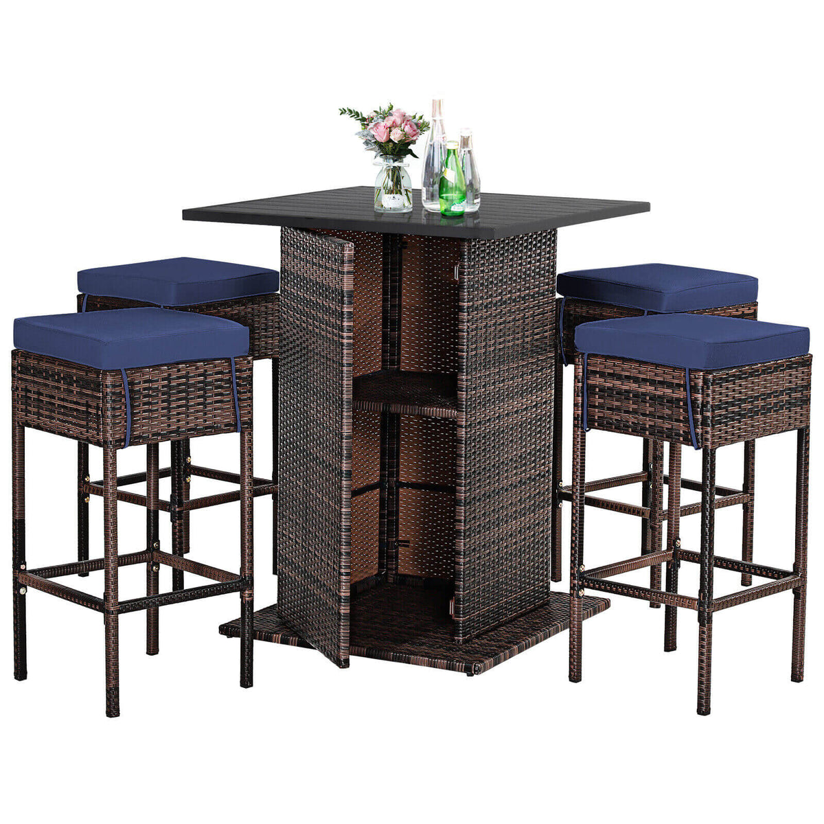 5 Pieces Patio Rattan Bar Furniture Set with Cushions and Hidden
