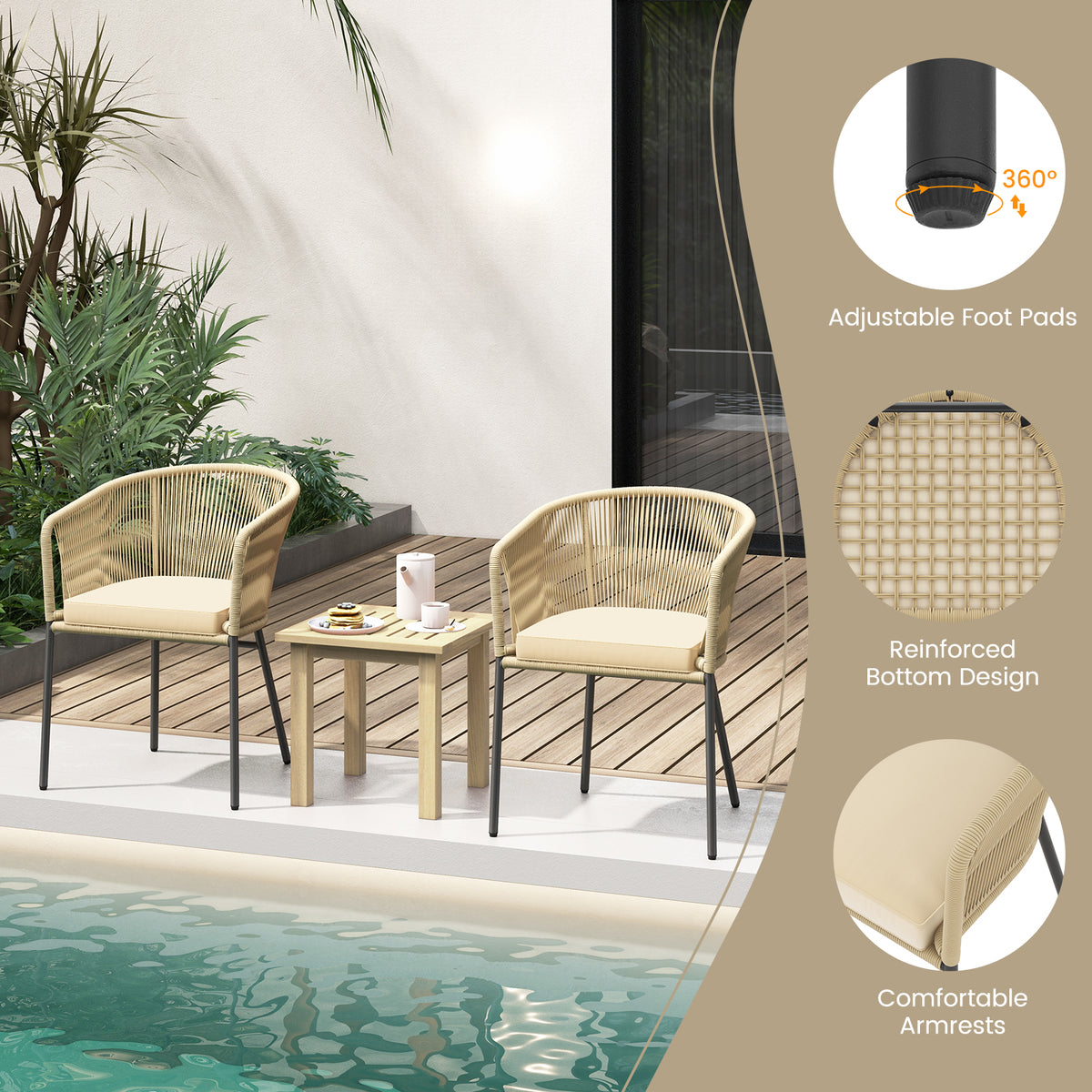 Patio Chairs Set of 4 with Seat Cushion and Curved Backrest for