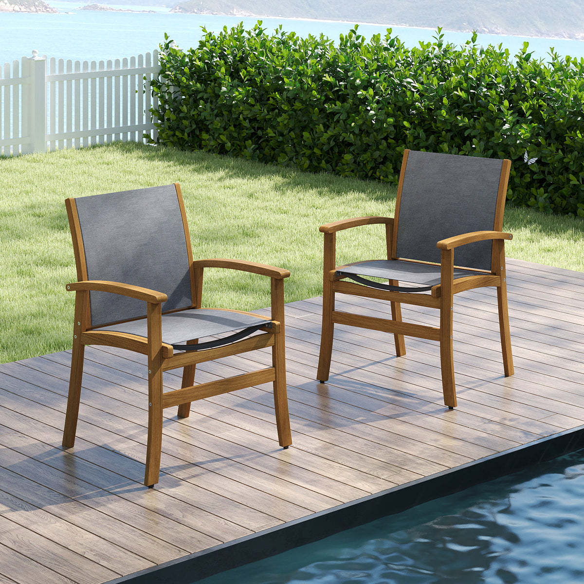 Patio Chairs Set of 2 Acacia Wood Armchairs - Gray