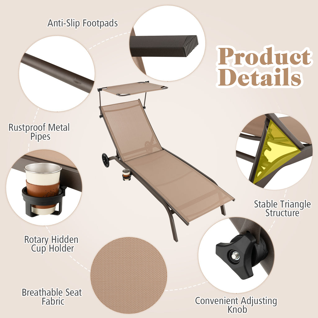 Patio Heavy-Duty Adjustable Chaise Lounge Chair with Canopy Cup
