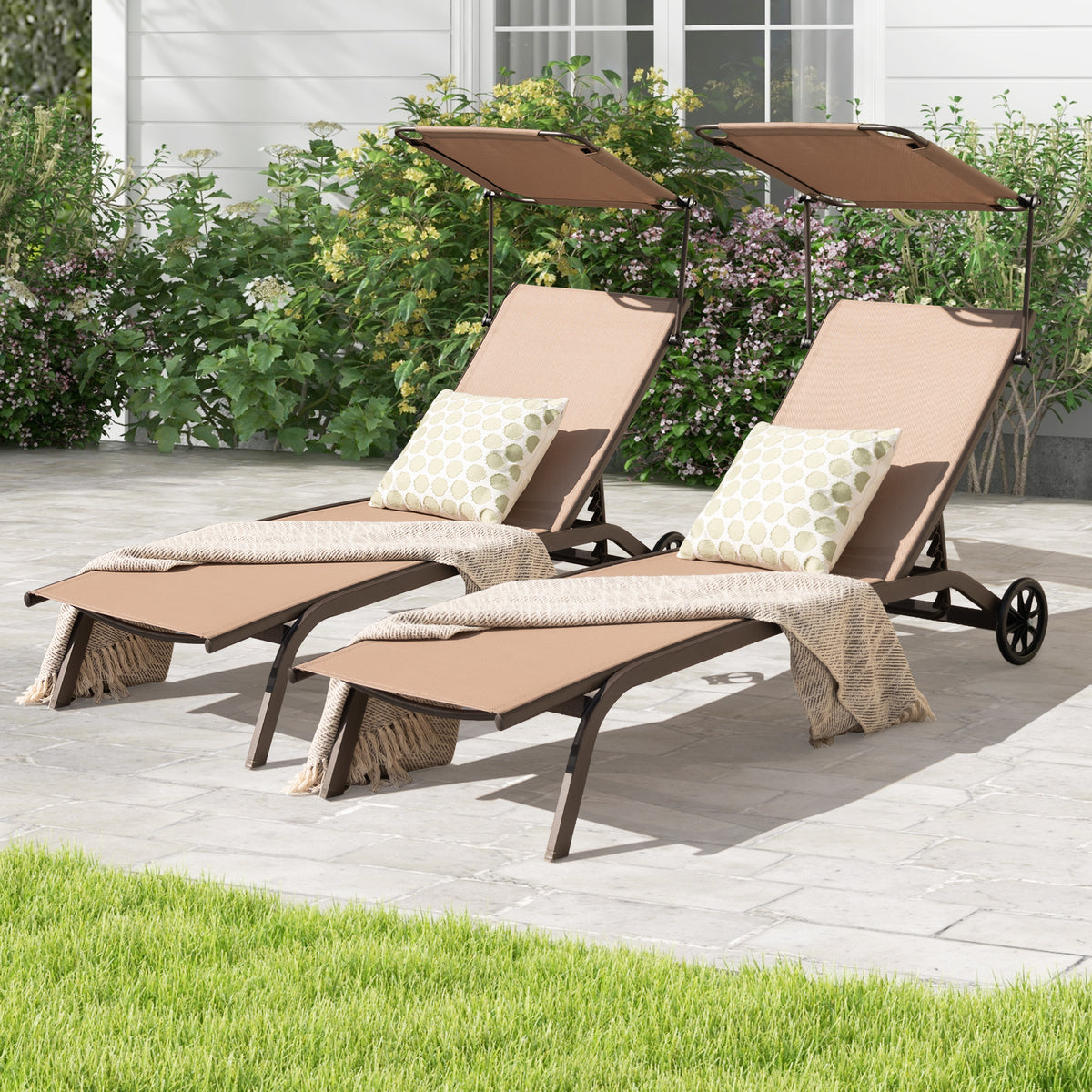 Patio Heavy-Duty Adjustable Chaise Lounge Chair with Canopy Cup