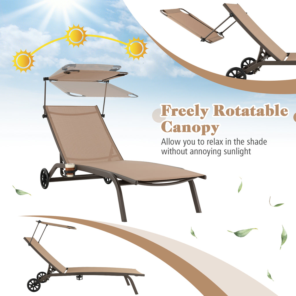 Patio Heavy-Duty Adjustable Chaise Lounge Chair with Canopy Cup