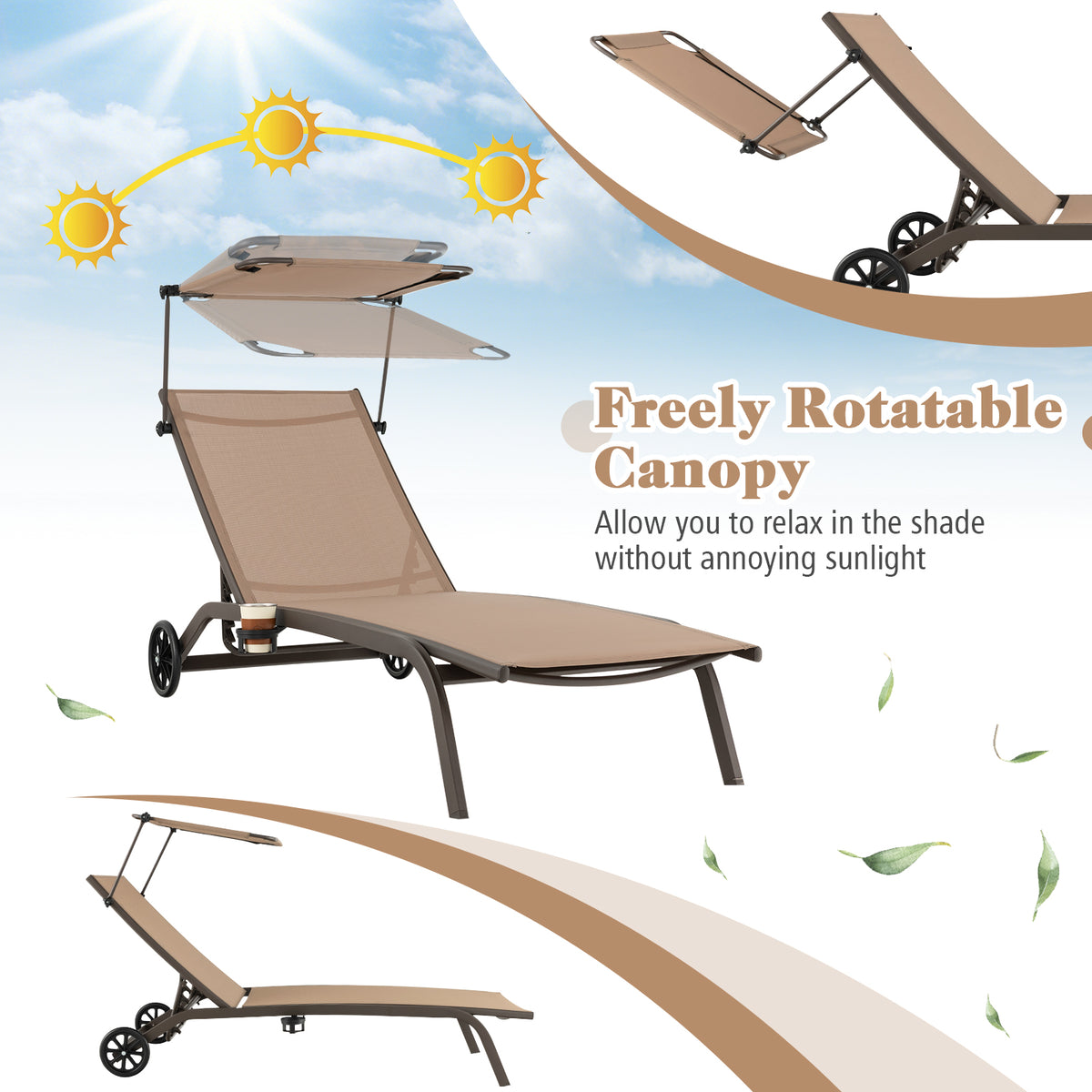 Patio Heavy-Duty Adjustable Chaise Lounge Chair with Canopy Cup